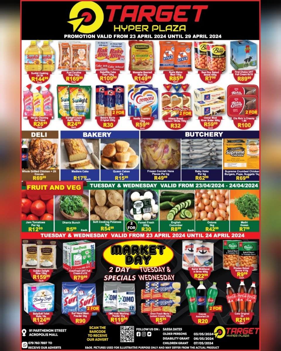 targethyper's tweet photo. 🎯🌿 Weekly Specials 🌿🎯 
More massive specials in-store.

🎯 Promotion starts 23/04/2024 &amp; ends 29/04/2024
🎯 Market Deals starts 23/04/2024 &amp; ends 24/04/2024
🎯 2 Day Market Day starts 23/04/2024 &amp; ends 24/04/2024

Prices valid while stocks last. #targethyperplaza https://t.co/N4Qw26lCiE