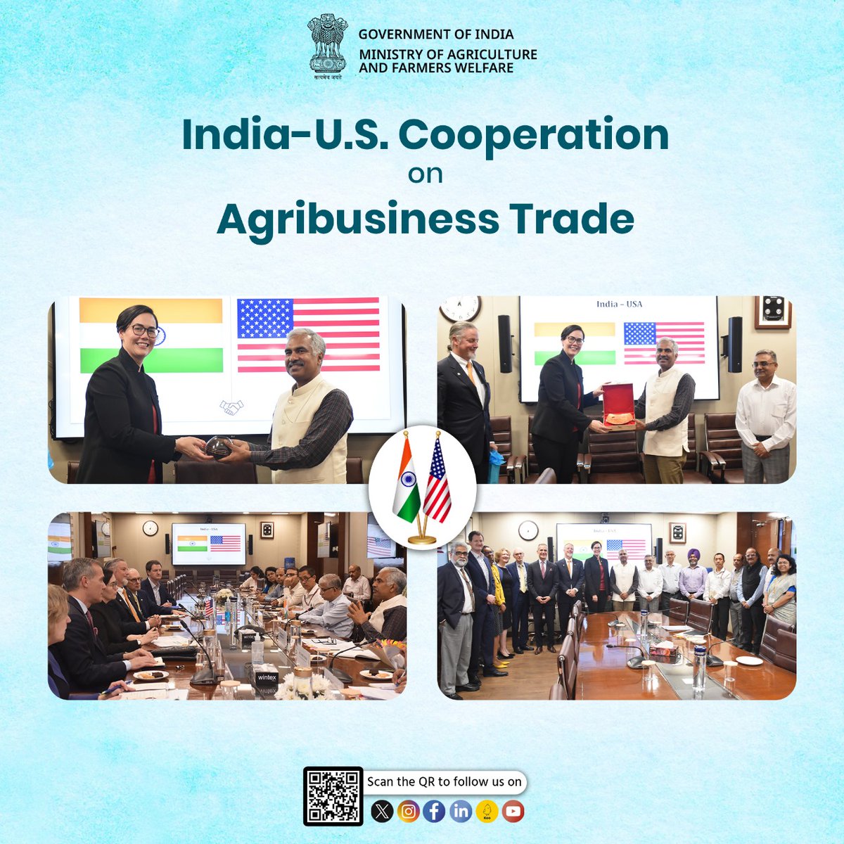 A meeting was held between Shri Manoj Ahuja, Secretary, Department of Agriculture & Farmer's Welfare & Ms. Alexis M. Taylor, Under Secretary, Trade & Foreign Agricultural Affairs of the United States Department of Agriculture at Krishi Bhawan, New Delhi, today. #agribusiness