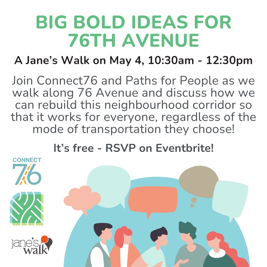 Join the wait list for our Saturday, May 4 Jane’s Walk as we brainstorm what the future of 76 Avenue could be! 🏘️ This is part of @janeswalkyeg, which are neighbourhood-centric tours that discuss urban planning and design Join here - eventbrite.ca/e/big-bold-ide…