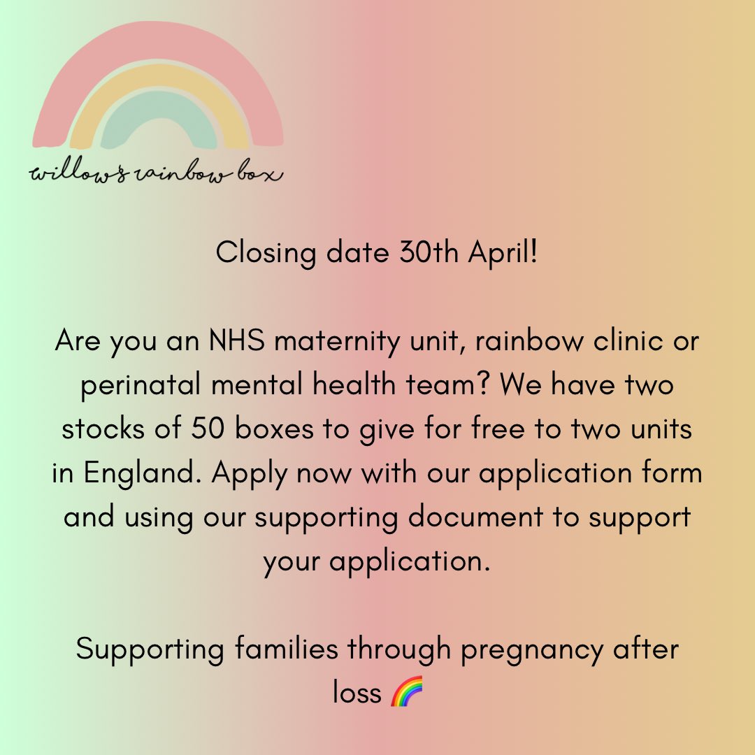 Just over a week until applications close - open for NHS Maternity Units, Rainbow Clinics & Perinatal Mental Health Teams. Application form: forms.gle/oxXbFJGfBYQA8k… Supporting document: docs.google.com/document/d/10_… @MRainbowclinic @MCR_SB_Research