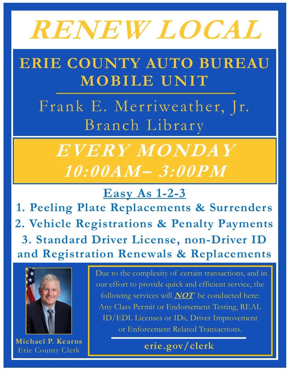 📢The Erie County Mobile #DMV is at @buffalolibrary on Jefferson Ave., Mondays from 10am-3pm‼️

No appointment required. Stop in & complete your DMV transaction or simply ask a question.    

#RenewLocal #FreeParking #MondayAtMerriweather