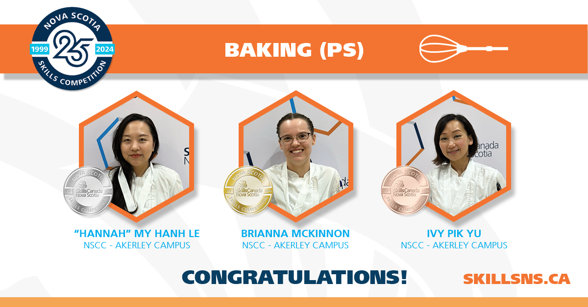 Congratulations to the winners of the Post-Secondary Baking event at the 2024 Nova Scotia Skills Competition!

#2024NSSkillsCompetition #SkilledTrades #Technology #NovaScotia #Baking @NSCCNews