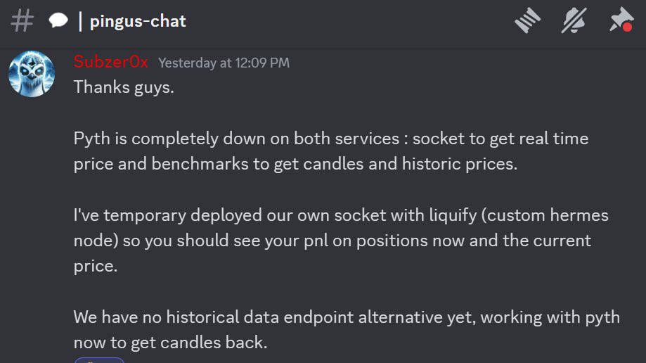 JimothyO's tweet image. 🚨ATTENTION 🚨 
$PYTH shit the bed. 
Their dollar-store oracles crashed last night and all dapps using their supreme better - than - $LINK services were hung out to dry. 
You wouldn’t read about it.