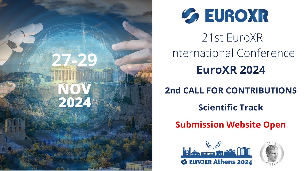 📢Are you into #VR #AR #XR? 💡Don't miss out on the 2ND CALL FOR CONTRIBUTIONS for the @EuroXR_ International Conference (#EuroXR2024)! 📅 Application Deadline May 6, 2024 – 23:59:59 AoE 👉 Submission Guidelines go.iccs.gr/avenmv #ISENSEResearch