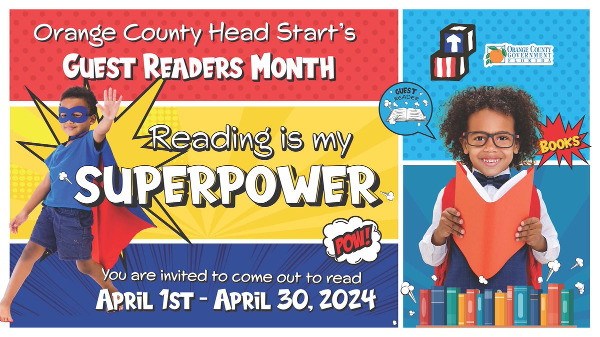 Calling all superheroes! 🦸‍♀️🦸‍♂️This month, step off the pages and straight into the classroom as a guest reader at Orange County Head Start! To volunteer to be a guest reader, call 407-836-6590, or email Sandra.Moore2@ocfl.net.