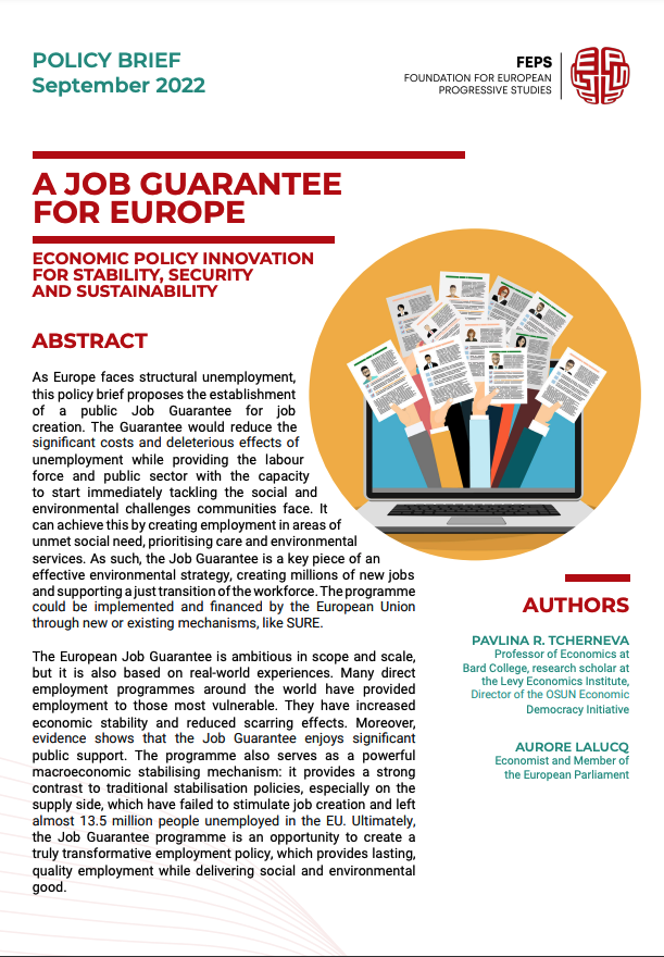 The availability of funds for sustainable job opportunities is 1 step closer to zero unemployment! @AuroreLalucq & @ptcherneva argue that a public job guarantee can combat structural unemployment in FEPS' Policy Brief 'A job guarantee for Europe'🇪🇺 🔗bit.ly/PBjobGuaran