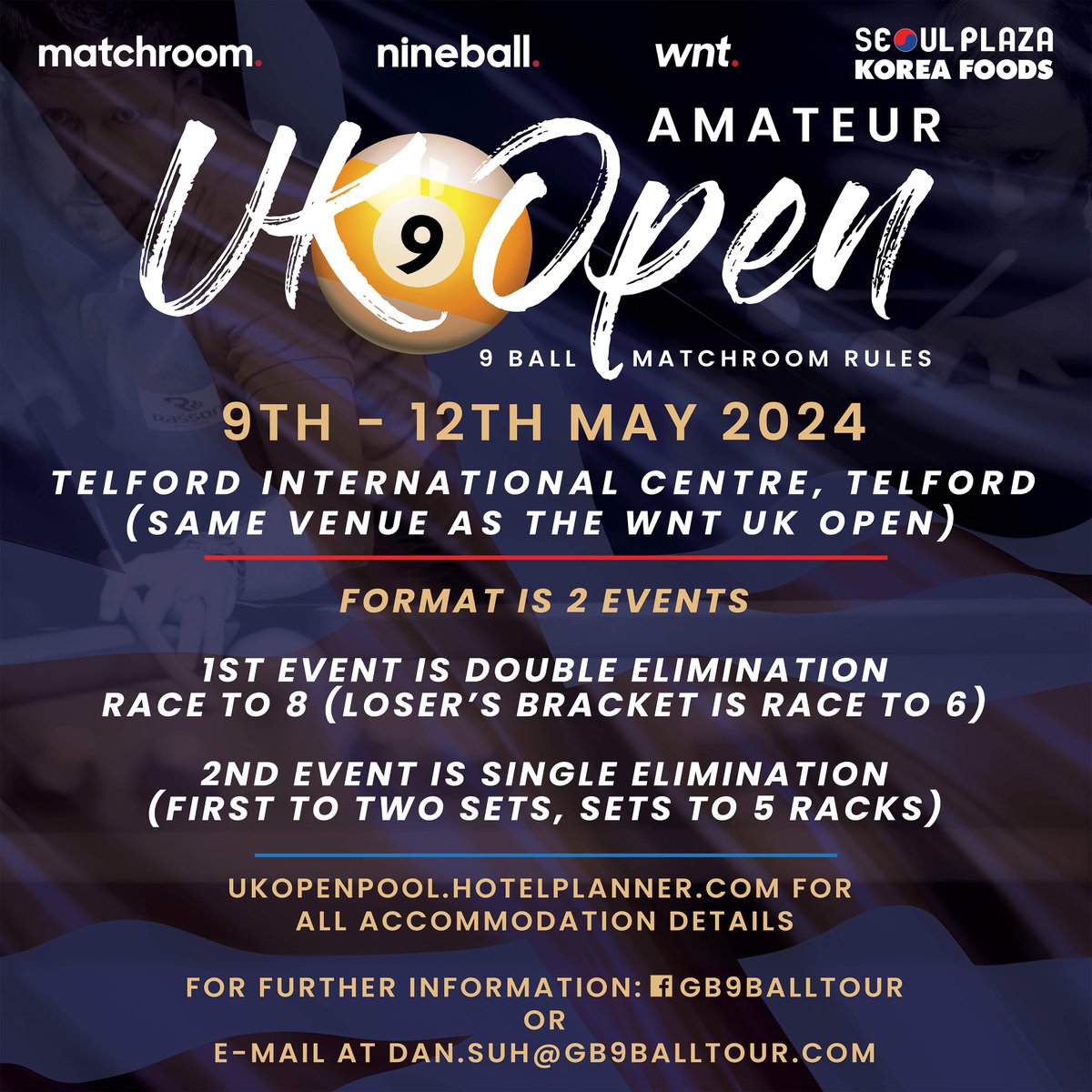 🇬🇧 The Amateur UK Open is coming to Telford, hosted in partnership with GB9

🙌 Open to anyone outside the WNT Pro top 128 or failed to qualify for the UK Open Pool Championship!

#UKOpenPool 🇬🇧