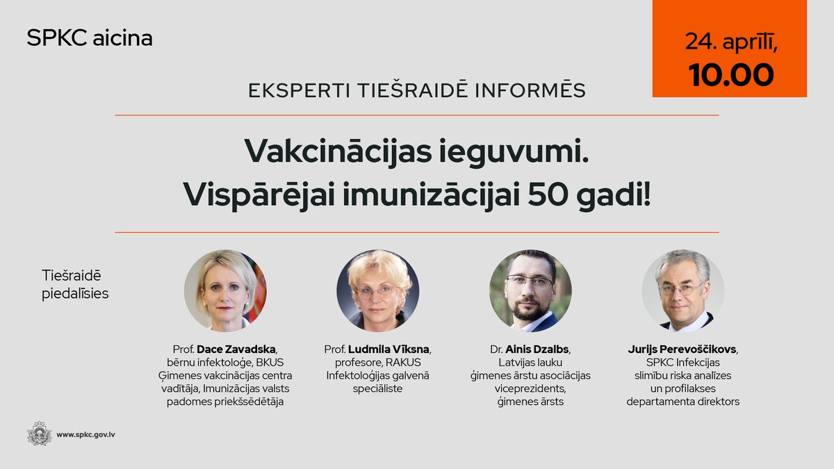 SPKCentrs's tweet photo. ❗️Trešdien, 24. aprīlī plkst. 10:00 aicinām vērot tiešraidi, kurā eksperti diskutēs par vakcinācijas ieguvumiem laika gaitā. 

🧑‍⚕️Tiešraide notiek Pasaules imunizācijas nedēļas ietvaros, kurā svinam 50 gadus no PVO uzsāktās vispārējās cilvēku imunizācijas kustības 1974. gadā. https://t.co/dCwHZb41mZ