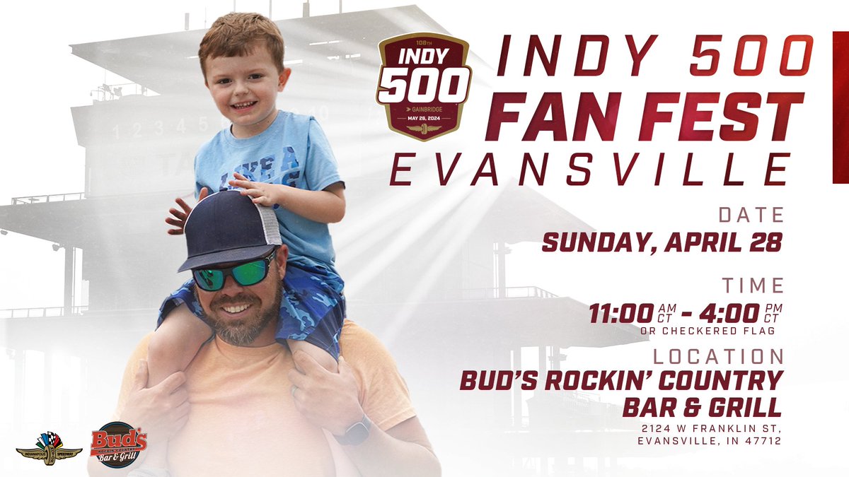 Hey, @ExploreEVV - The #Indy500 is taking over Franklin Street! 🎉 Come check out our final Fan Fest of the spring at Bud's Rockin' Country Bar & Grill this Sunday while we watch the NTT @INDYCAR SERIES race at @BarberMotorPark! #INDYCAR | #IsItMayYet?