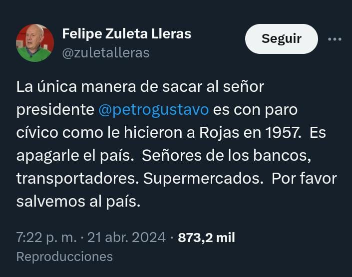 El presidente @petrogustavo fue electo por más de 11 millones de colombianos para 4 años de gobierno, el cual termina en agosto de 2026, señor @zuletalleras. Su post es una abierta invitación a un golpe de Estado, algo muy grave y punible, y peor aún si se hace desde el