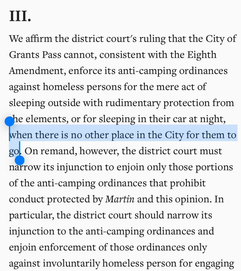 People are entitled to their own opinions about the Grants Pass case but the issue is not a “right to camp.” It’s whether a city can enforce anti-camping ordinances against people for whom *there is no other place in the City for them to go.* casetext.com/case/johnson-v…