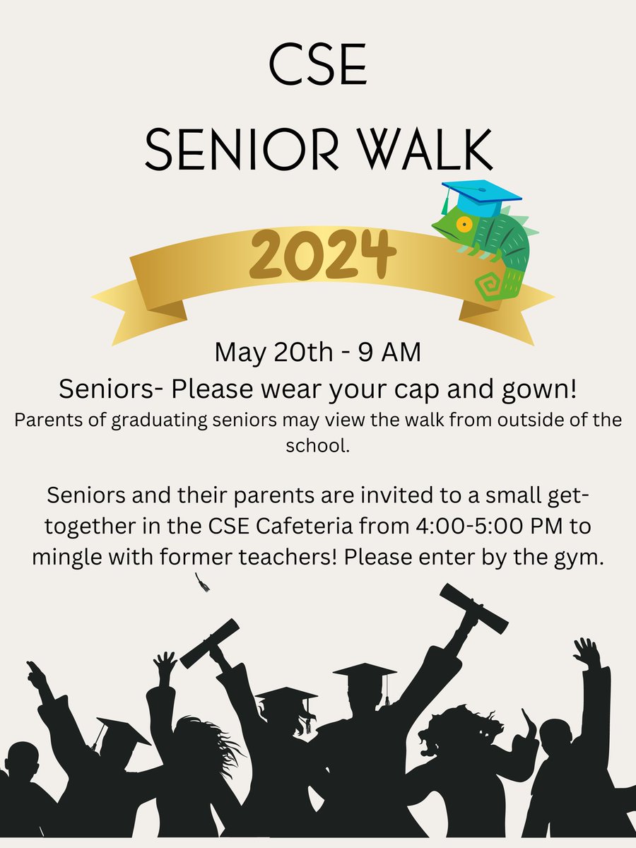 CSE Senior Walk is less than a month away! Hope to see all of our former chameleons in their caps and gowns! 👨🏾‍🎓 👩🏼‍🎓 🧑🏻‍🎓 @CHS_Rangers