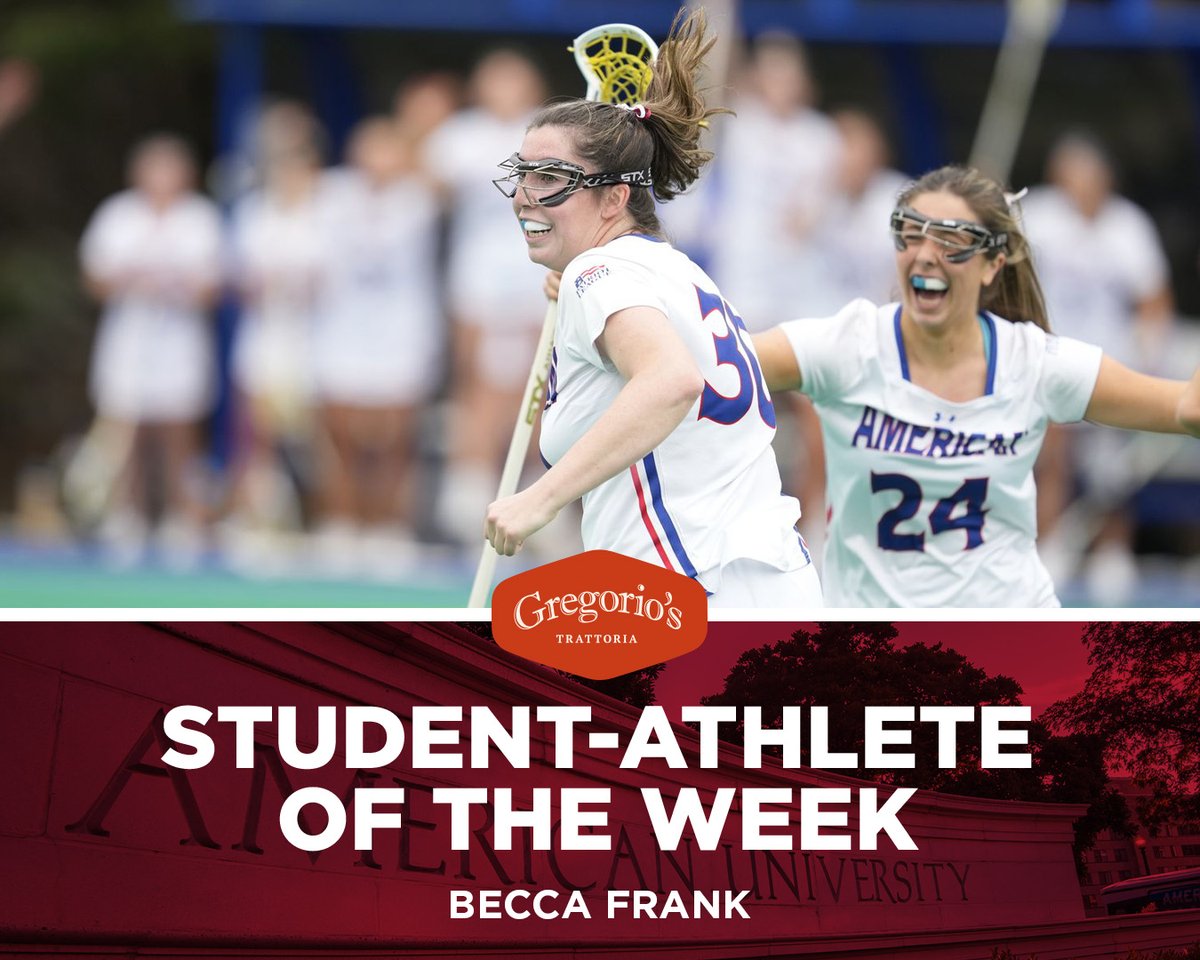 For the second time, junior Becca Frank of @AU_Lacrosse is our Gregorio's Trattoria Student-Athlete of the Week after leading AU to a 12-11 OT win at Boston. In a dramatic back-and-forth game, Frank scored four goals including the OT game-winner. ➡️ aueagles.link/aow-frank