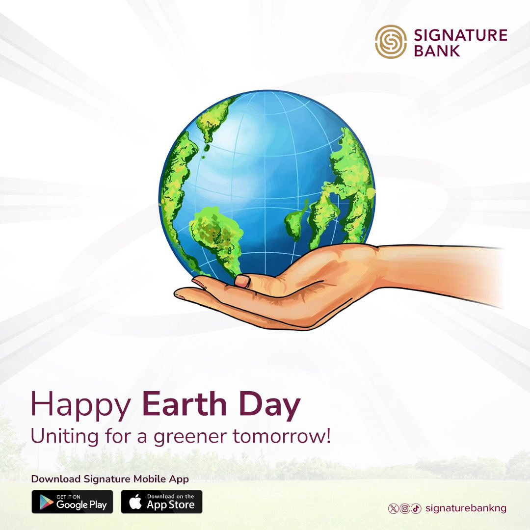 As we celebrate World Earth Day, let's join hands to protect and preserve our planet. 

Every small action counts, whether its planting a tree, reducing waste, or supporting eco-friendly initiatives. 

#SignatureBankNG #MakeYourMark #WorldEarthDay #PlanetVsPlastics