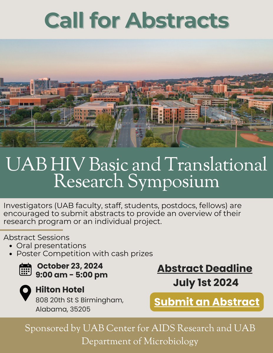 Submit your abstract to present at UAB's first HIV Basic and Translational Research Symposium. Deadline⏰ Jul 1 Submit ⬇️ uab.edu/medicine/cfar/…