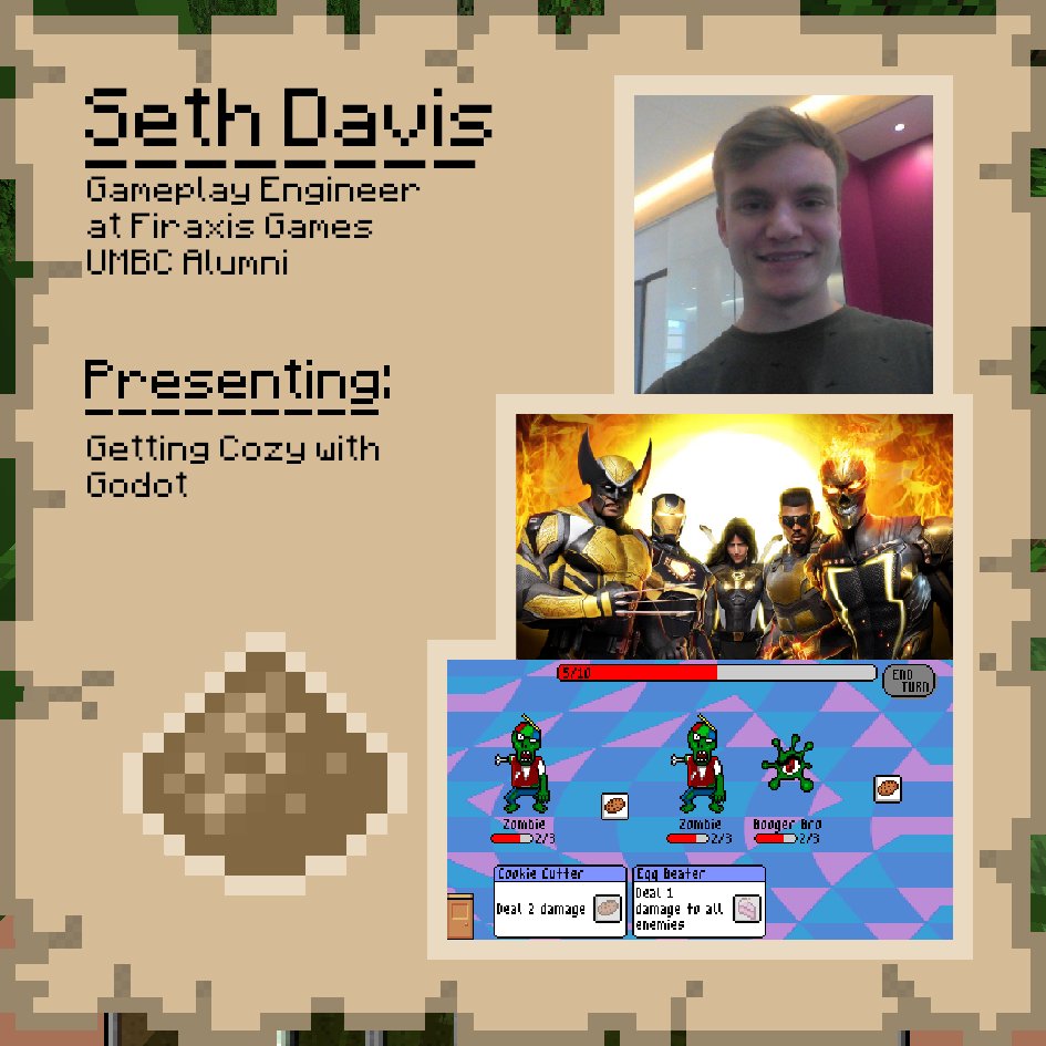 umbcGameDev's tweet photo. We're spotlighting our presenters for DEC, and today we're talking about Seth Davis! He is a Gameplay Engineer and UMBC alumni who will be presenting "Getting Cozy with Godot". Here's some of his work!

Seth will be our first presenter, so tune in at 11am to catch his talk! https://t.co/8uLjcS69kM