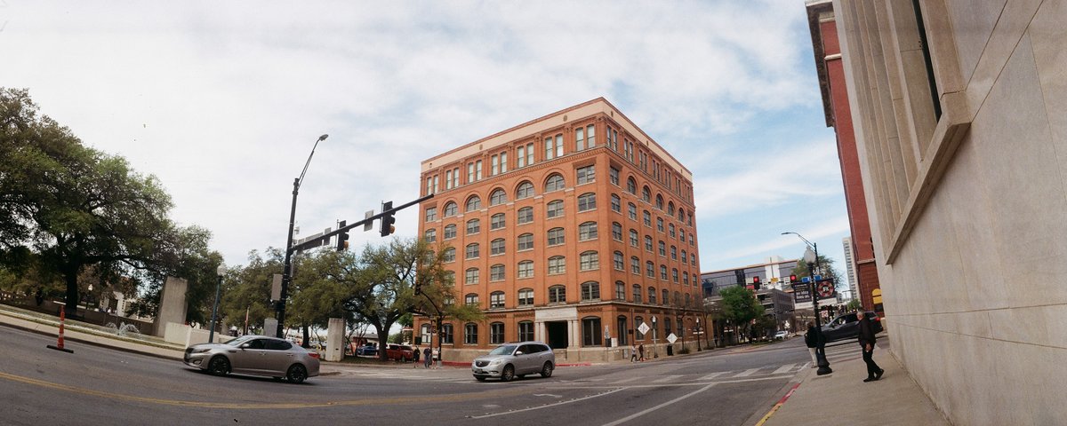 Somewhere in Dealey Plaza, Dallas, Texas near the @SixthFlrMuseum. This is close to where the @HolgaWeek awards are presented in November. Taken with my #Widelux F7 camera. #streetphotography #notstreetphotography #filmphotography #Panorama #dallastexas #sixthfloormuseum