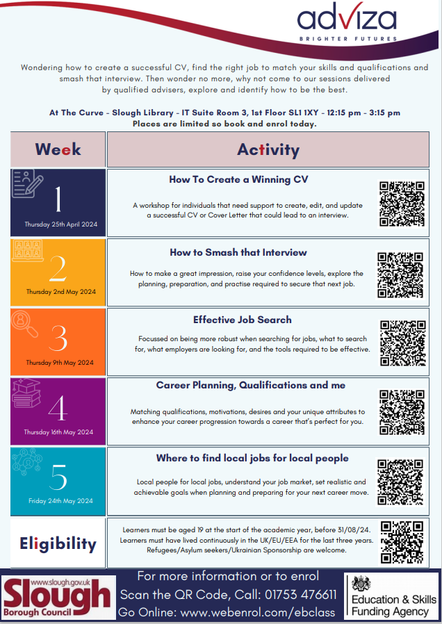 Wondering how to create a successful CV, find the right job to match your skills and qualifications, and smash that interview? Run by Adviza, book on one of the sessions below at The Curve. Places are limited, book on the QR codes below!