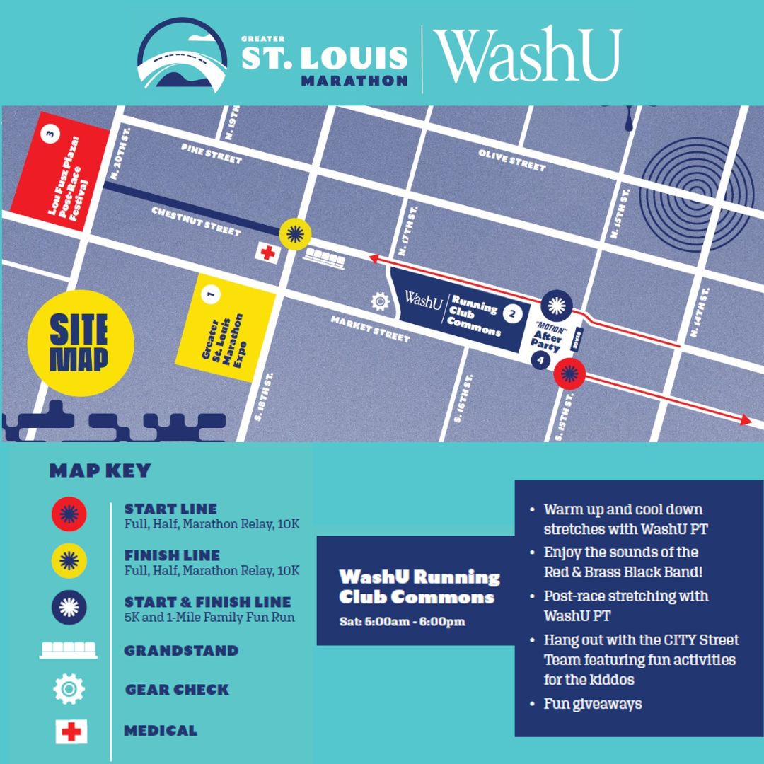 👟 HIGHLY RECOMMEND 👟 The @WUSTL Running Club Commons is a must see while at the Greater St. Louis Marathon next week, including performances by the @RedAndBlackBB, pre-race and post-race stretches, on-site PT stretches and massages, giveaways and the CITY SC street team!