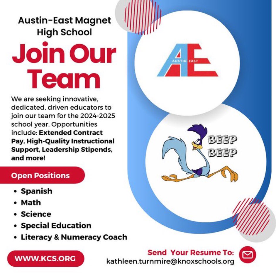 Austin-East is hiring. Do you have what it takes to be a Roadrunner? Apply online and send your resume to the email listed below. #2800 Community, retweet so we can find the best educators for our students. #spanish #math #science #SPED #instructionalcoach