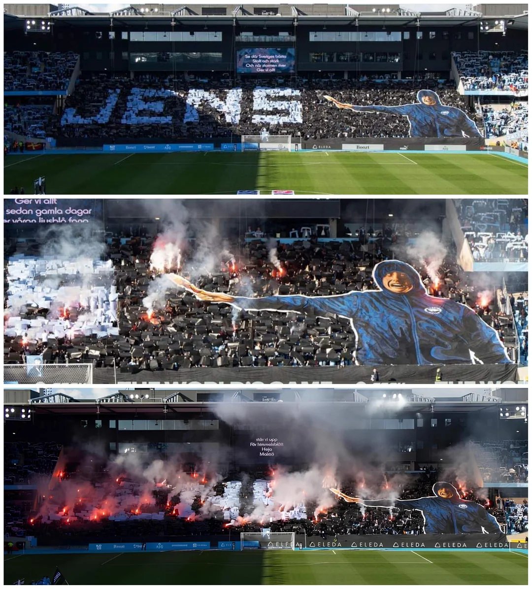 Malmö FF with a beautiful tifo honoring Jens Larsson, a 28-year-old supporter who passed away in December. 🇸🇪❤️