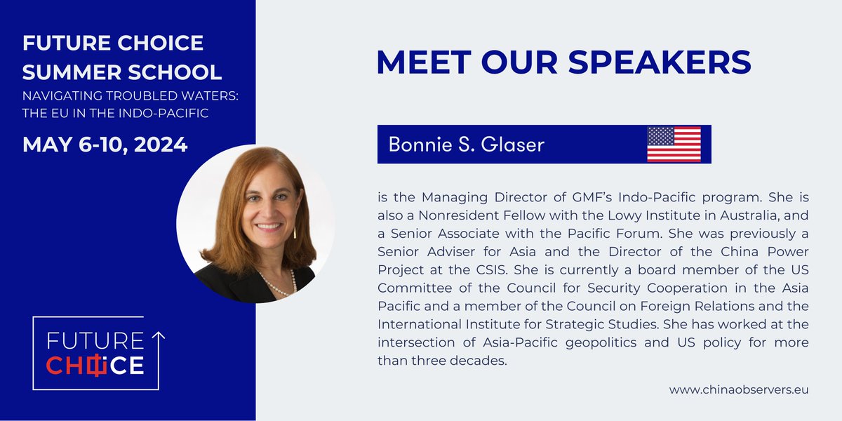 Meet our wonderful speakers for the Future CHOICE Summer School Program! With the support of @USEmbassyPrague, we are bringing to the Czech Republic @BonnieGlaser, Managing Director of @GMFAsia, and a leading expert on Taiwan. You can catch her speaking publicly at @FSV_UK.