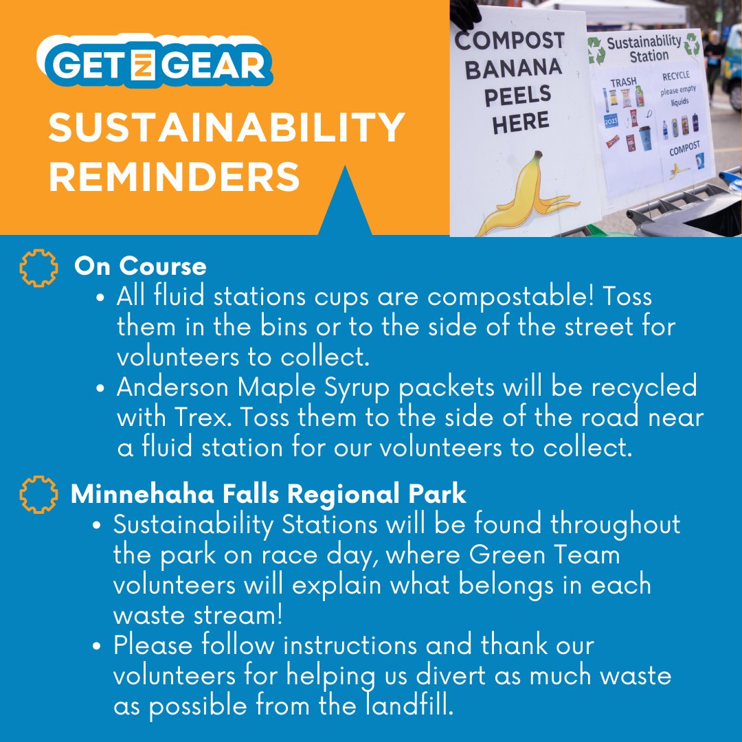 Happy Earth Day 🌎 Here are a few sustainability reminders for #GetinGear happening this Saturday, April 27th ⚙️ Help us keep the course and Minnehaha Falls clean this weekend by using our Sustainability Stations and thanking our Green Team volunteers!