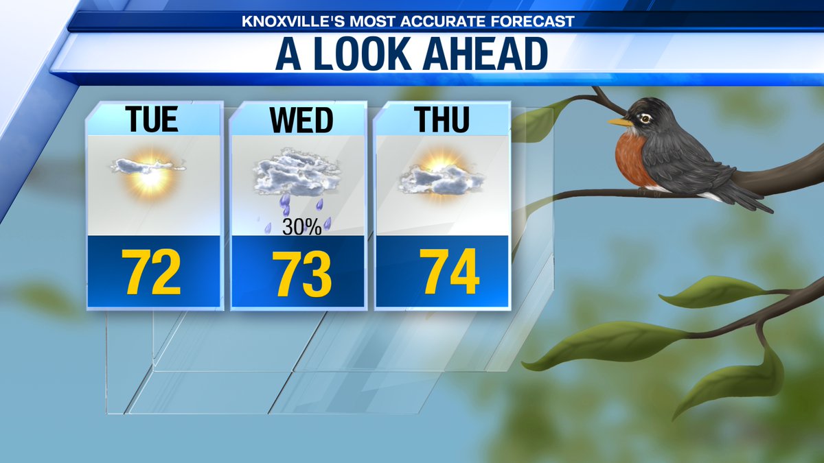 Here is a look at what you can expect the next few days! Light showers will be possible late Tuesday night into Wednesday, mainly early. #TNwx #WATEwx