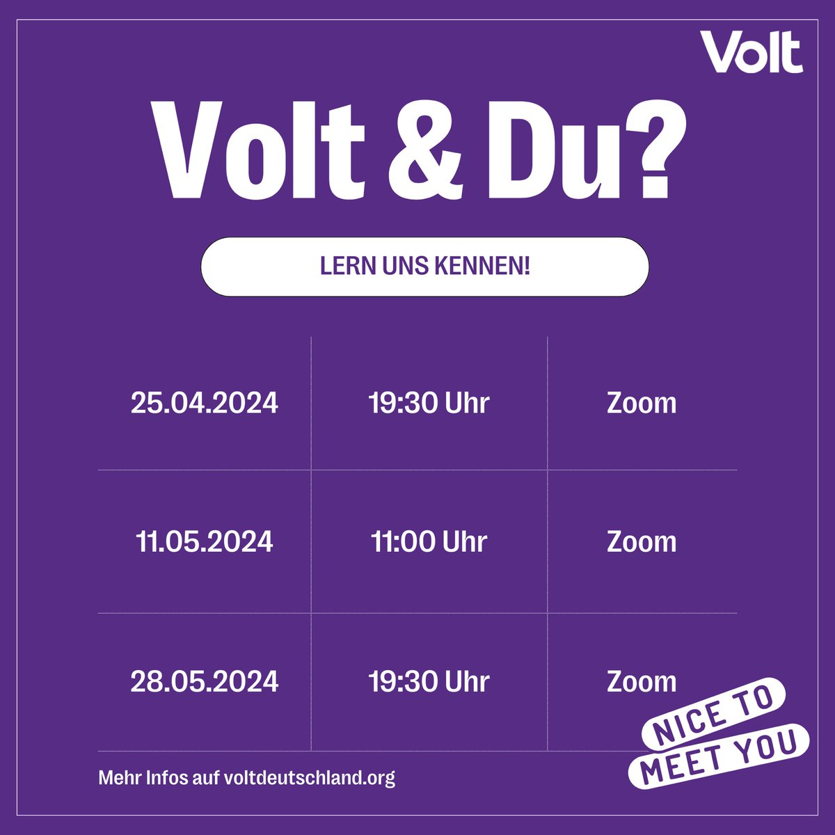 Du hast in den letzten Tagen unsere Plakate gesehen oder bist uns im Netz begegnet und willst mehr über Volt wissen?💜 Dann schau doch bei einem unserer digitalen Meet & Greets vorbei! Du kannst zuhören, deine Fragen stellen und mehr über unsere Vision für die Zukunft erfahren.