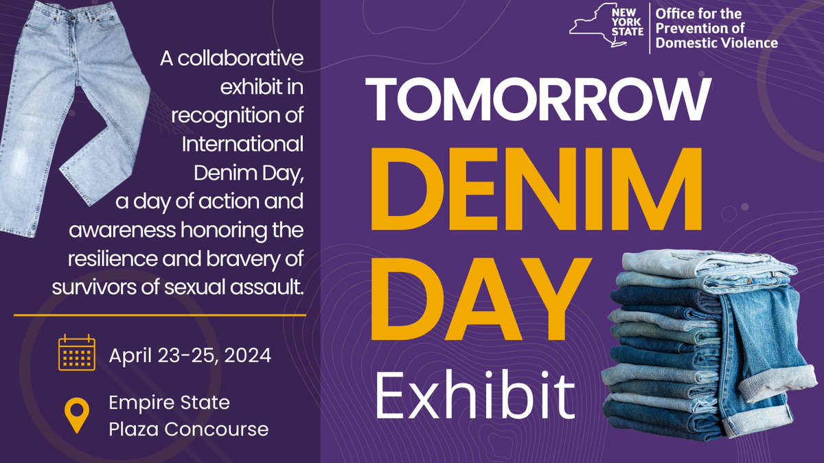 Tomorrow OPDV & @NYS_OGS are partnering with #SexualViolence service providers through NYS to raise awareness for #SAAM2024 with the NYS #DenimDay Exhibit in the Empire State Plaza Concourse!