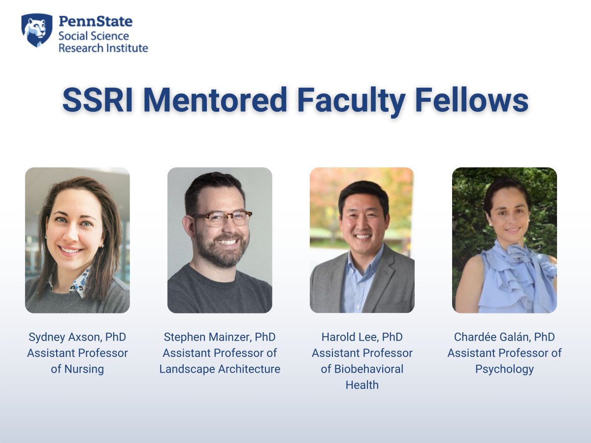 SSRI is proud to announce the '24-25 mentored faculty fellows: Sydney Axson (<a href="/PSUNursing/">Nese College of Nursing</a>), Stephen Mainzer (<a href="/psuarts_arch/">PSU Arts&Arch</a>), Harold Lee (@PennStateHHD), <a href="/ChardeeGalan/">Chardée Galán</a> (@PSULiberal Arts). Congratulations to all our fellows!
More Info ➡️ buff.ly/3JoOtGD