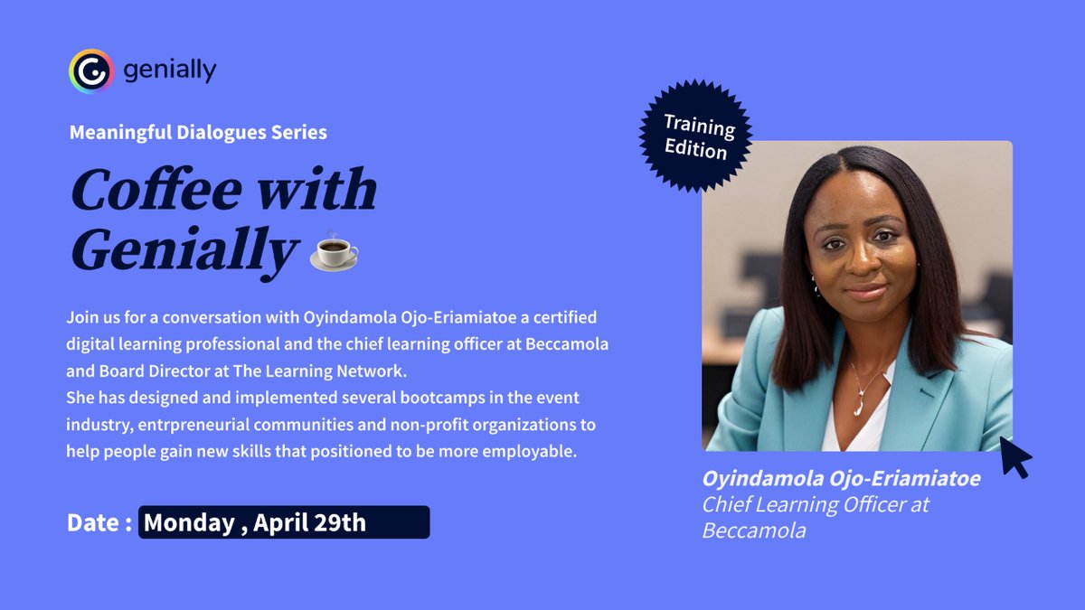 We have invited Oyindamola Ojo-Eriamiatoe to the next episode of #CoffeewithGenially ☕️ Oyindamola is chief learning officer. She has designed several bootcamps in the event industry and entrepreneurial communities. 📅April 29th. No registration required: youtube.com/watch?v=BdSlD-…