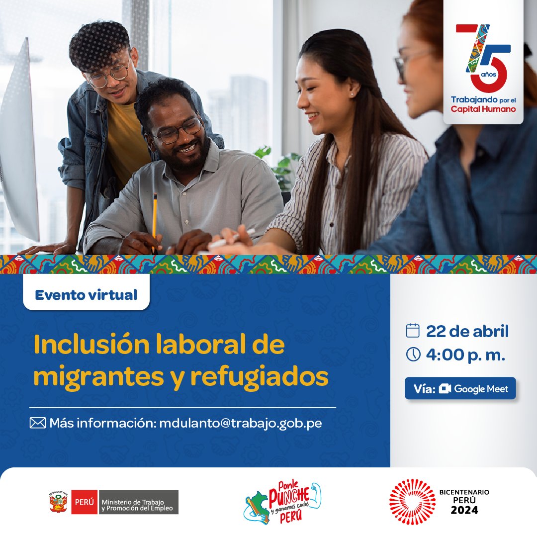 YoRespetoPe's tweet photo. Participa del evento organizado por el Ministerio de Trabajo sobre Inclusión laboral de migrantes y refugiados

🗓️Día: 22 de abril
🕖 Hora: 4pm
✍️Inscripción: https://t.co/AS6kOhjM8b
💻Modalidad virtual

El link al evento se enviará minutos antes de que este inicie 📩 https://t.co/HTEXhEFOWa