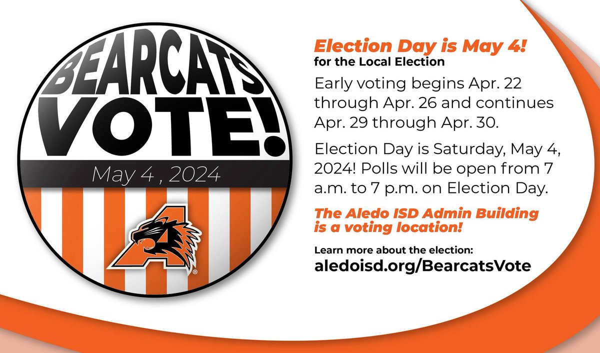 Early Voting for the May 4 Local Election begins today! Vote early at the AISD Admin Building! 🗳 Mon, April 22-Fri, April 26 8AM-5PM 🚫 Sat-Sun, April 27-28 polls are CLOSED 🗳 Mon-Tues, April 29-30 7AM-7PM Learn more at aledoisd.org/BearcatsVote! #bearcatsvote #AllinAledo