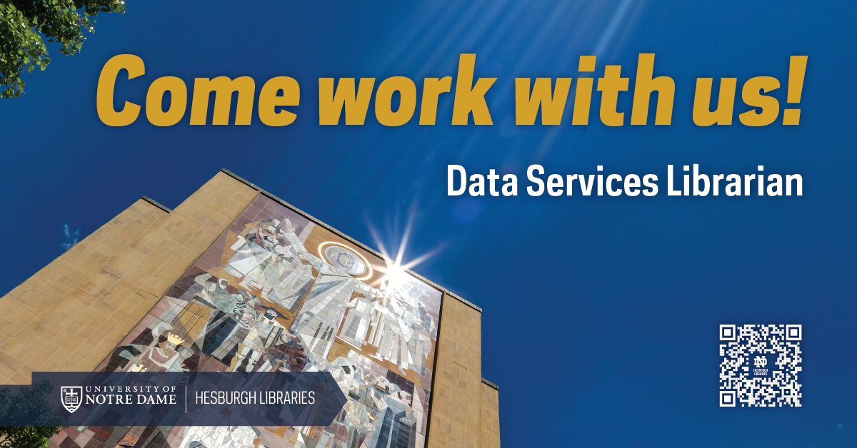 The Hesburgh Libraries is accepting applications for a Data Services Librarian to help @NavariFamilyCDS provide access to digital scholarship expertise and resources across all @NotreDame disciplines and audiences. Apply by April 29 at library.nd.edu/employment.