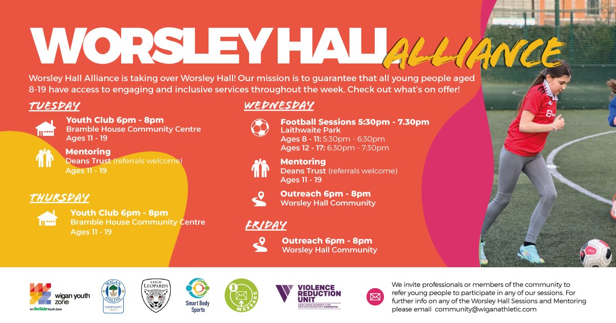 We’re taking over Worsley Hall! With partners like @LaticsCommunity, @LeighLeopardsRL, @SmartBodySports, and 1Message, the Worsley Hall Alliance is creating safe spaces for young people. For more info on Worsley Hall Sessions & Mentoring, email community@wiganathletic.com