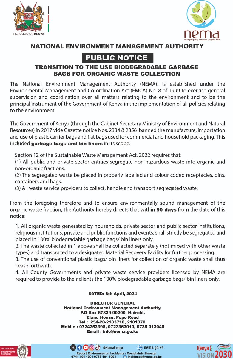 Good news: NEMA bans the use of plastic garbage bags and bin liners. Kenyans MUST switch to biodegradable bags and liners within 90 days. @NemaKenya