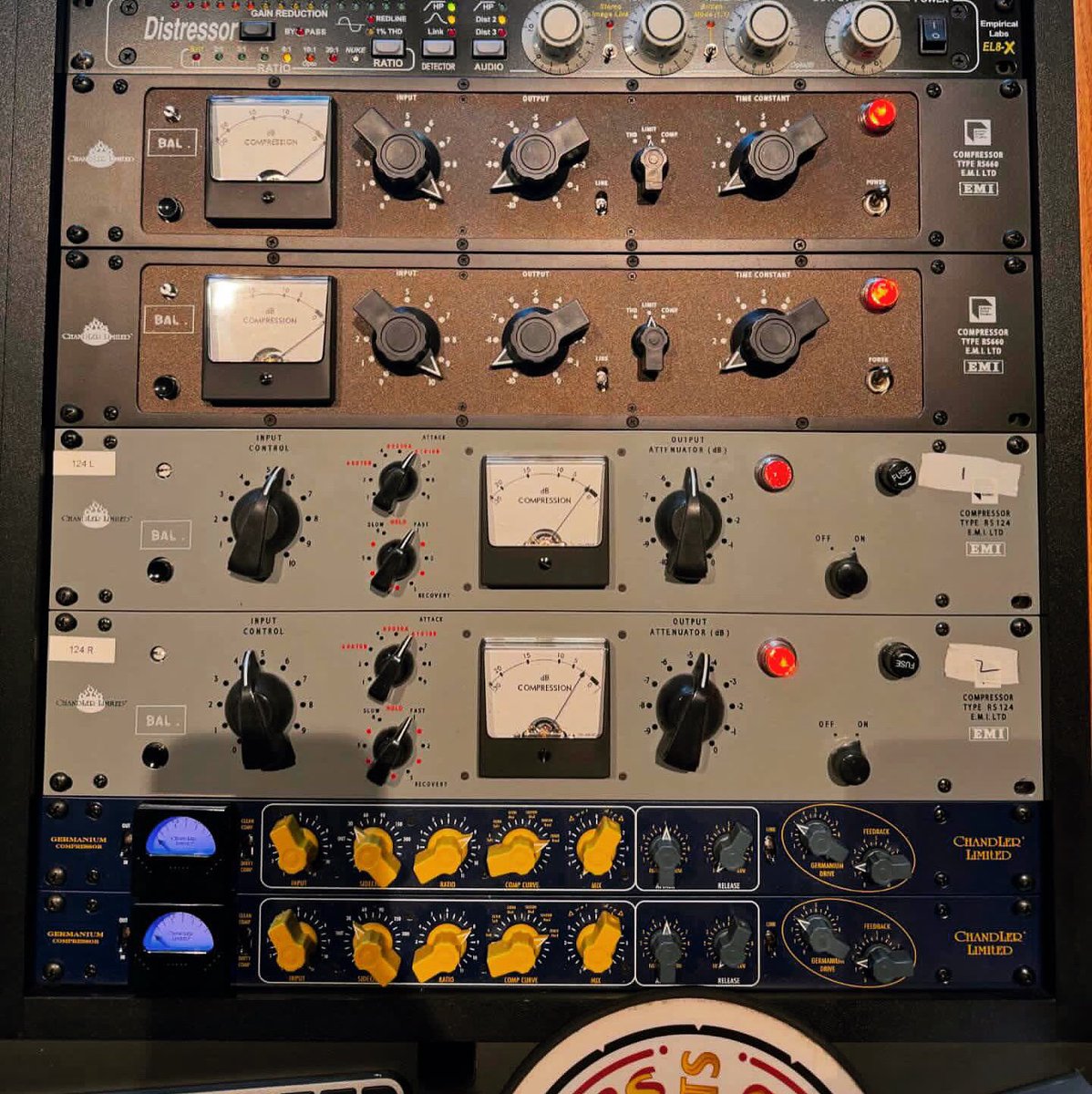 A spice rack for a studio! Tone City Recording has a great palate! Our EMI @AbbeyRoad RS660 and RS124 compressors and a pair of Germanium compressors pictured. #studiolife #recordingstudio #musicproducer #mixing #mixingengineer #recordingengineer