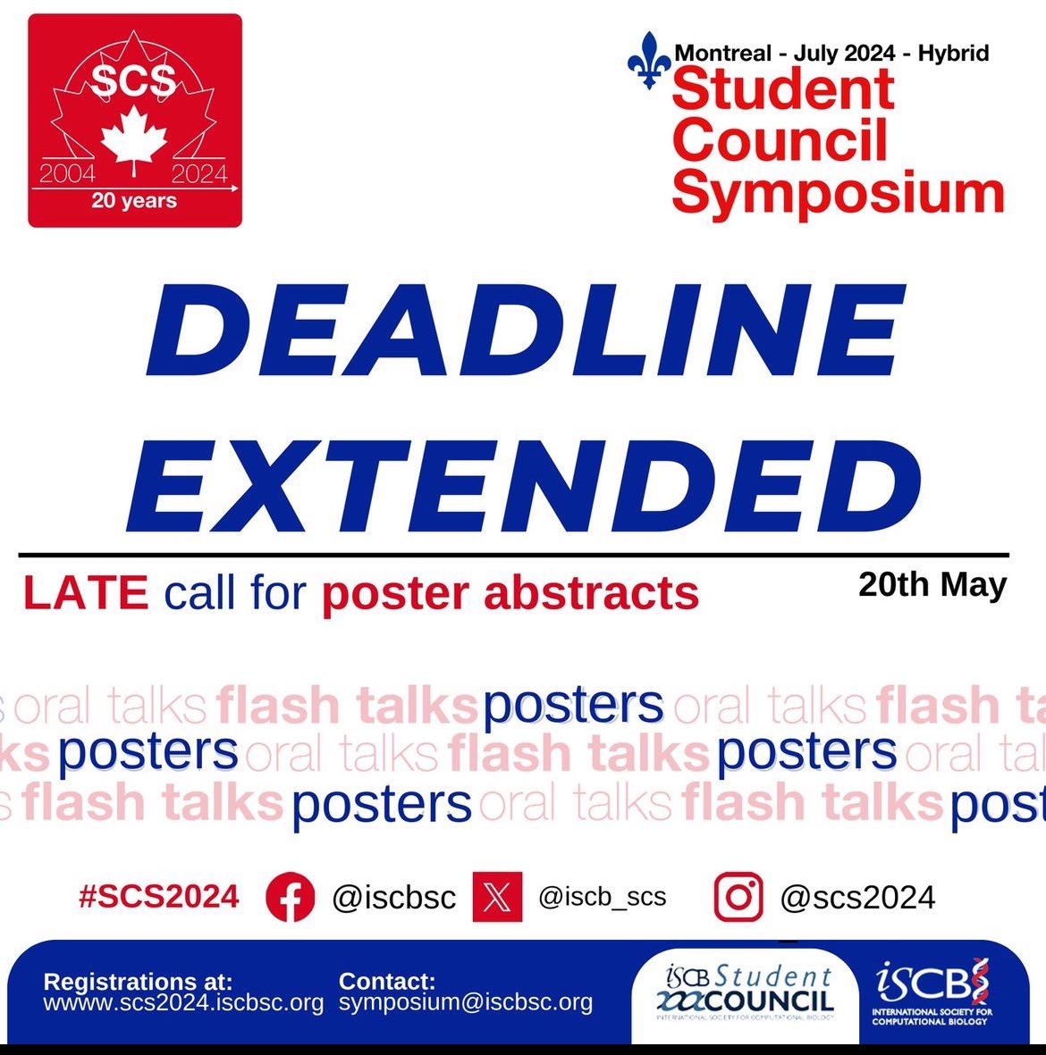 DEADLINE EXTENDED! Until May 20th

Good news! The deadline for POSTER abstract submissions for the ISCB #SCS2024 has been extended! However, please note that NO additional TALK abstracts will be considered.
Submit your poster abstract here: iscb.org/ismb2024/submi…