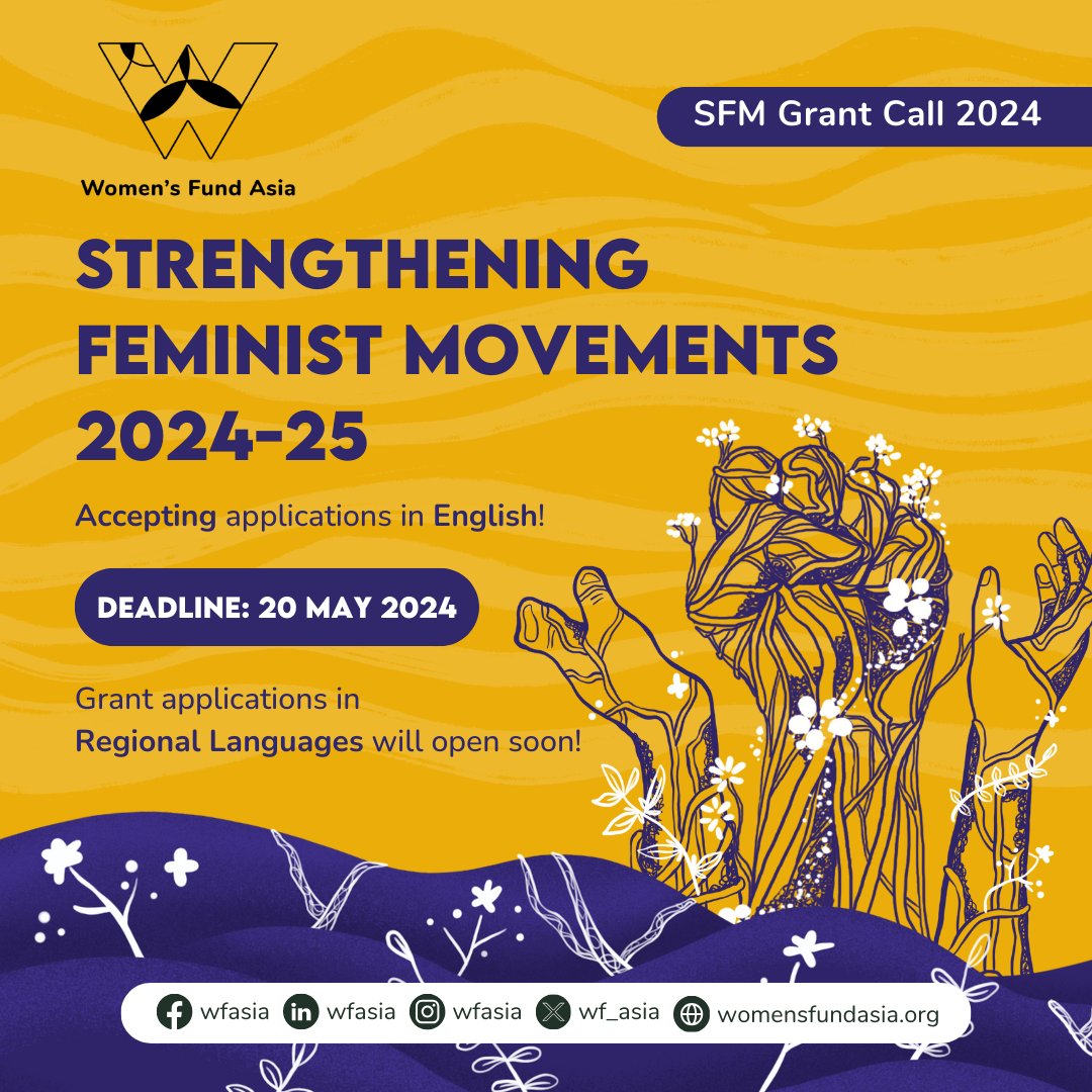 #FeministFunding: The @WF_Asia grant application is now open! For women, girls, trans, and intersex rights activists, groups, and networks in Asia. 🗓️ 20th May 2024. 🔗linktr.ee/wfasia