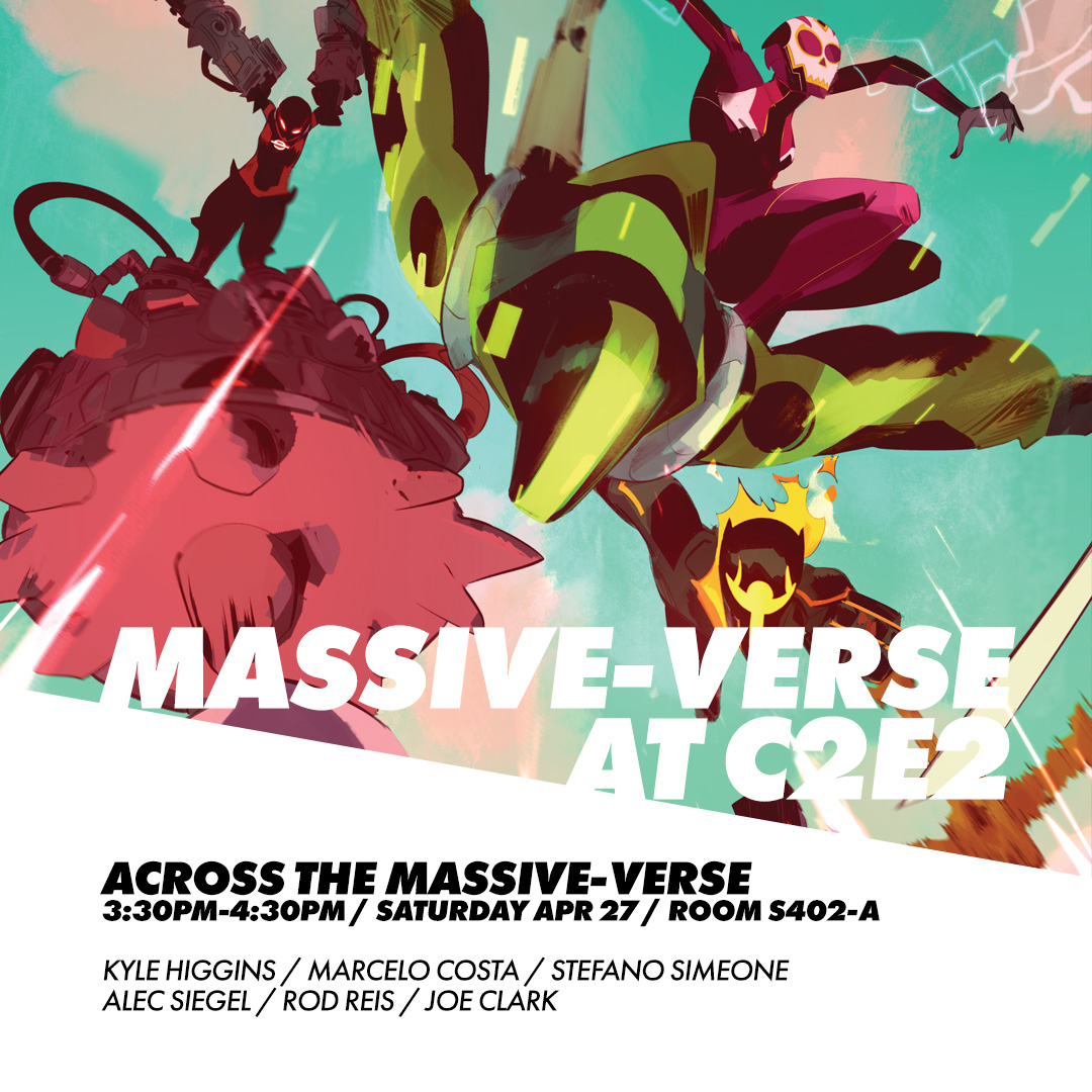 Hey Chicago! The Massive-Verse is coming to @c2e2 and we can't wait to see you! Join us on April 27 for Across The Massive-Verse-- a panel /packed/ with secrets and announcements! 3:30PM, room S402-A. This is my hometown show and we go big! You don't want to miss this one!