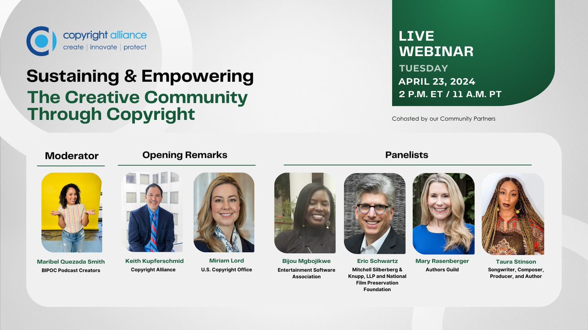 Tomorrow, April 23 at 2 p.m., the Copyright Alliance and numerous Community Partners and VLAs are hosting a FREE #WorldIPDay panel, titled 'Sustaining and Empowering the Creative Community Through #Copyright.' Check out the info below to register! bit.ly/3TKUMdE