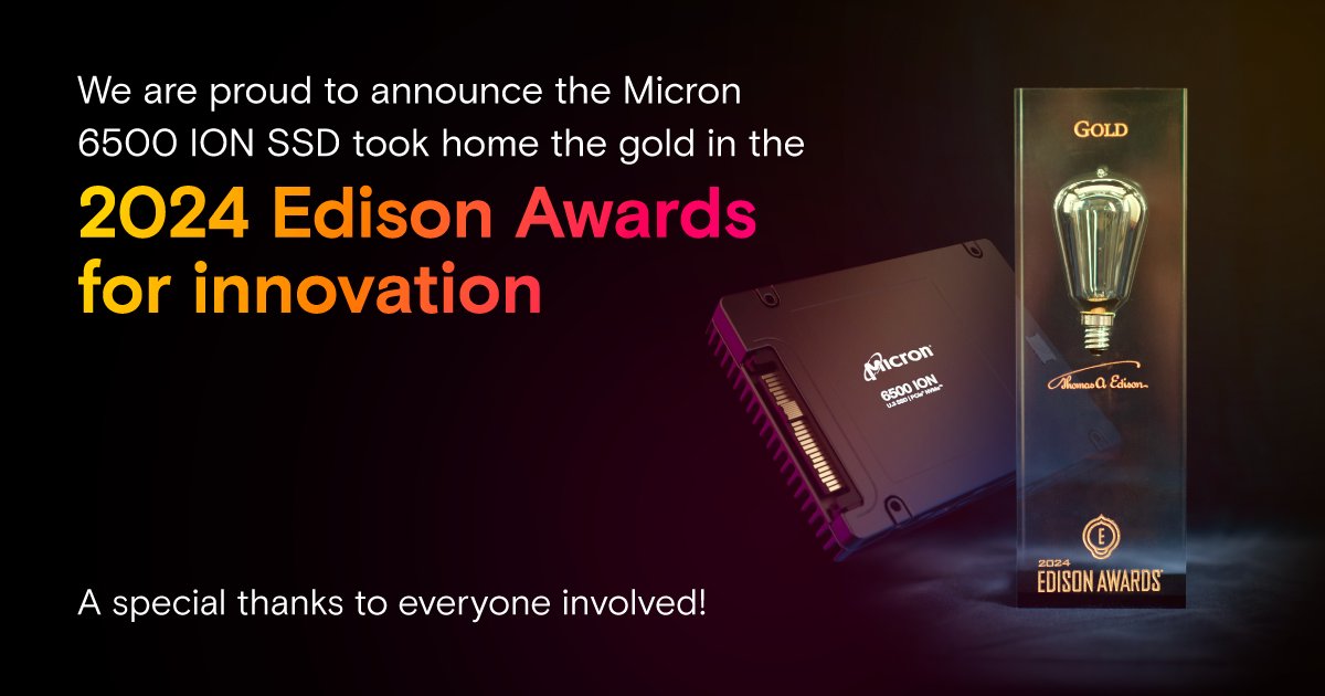 We are excited to share that our Micron 6500 ION SSD has won the esteemed Edison Award for Energy and Storage Technology! This accolade is a testament to our relentless pursuit of storage excellence and innovation. bit.ly/3UswYM4