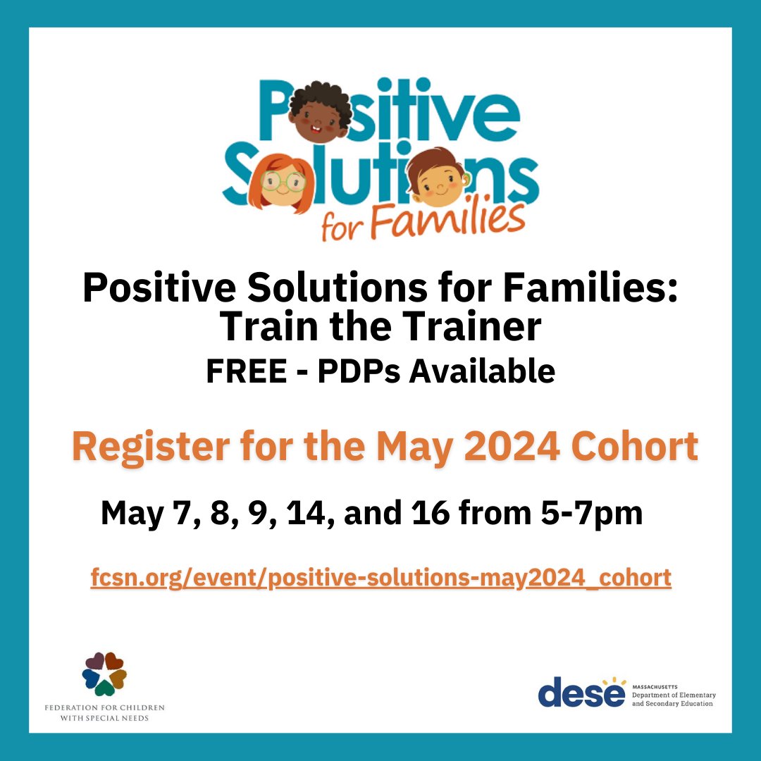 Learn how to deliver the Positive Solutions for Families program, an evidence-based, user-friendly training series of seven sessions on parenting skills that support children’s social and emotional development! fcsn.org/event/positive… @MASchoolsK12 #fcsnma #PositiveSolutions