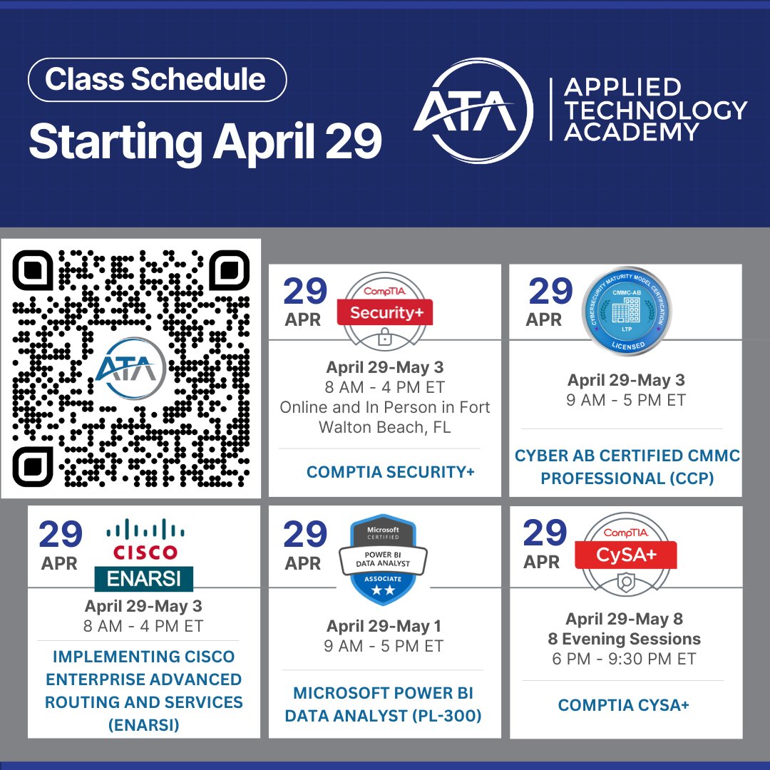 Join us for class starting on April 29th!
#Security+ • 4/29-5/3
8 AM - 4 PM ET

#CCP • 4/29-5/3
9 AM - 5 PM ET

#ENARSI  • 4/29-5/3
8 AM - 4 PM ET

#PL-300  • 4/ 29 - 5/1
9 AM - 5 PM ET

#CompTIA CySA+  • 4/ 29 - 5/9 
6 PM - 9:30 PM ET

appliedtechnologyacademy.com/upcoming-class…