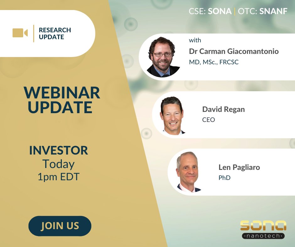 $SONA $SNANF is pleased to invite you to their upcoming investor webinar, today at 1pm EDT, to provide an overview of Sona's phase one interim results from their current pre-clinical efficacy study.

Register here: bit.ly/4aGSQbY

#medicalindustry #medical
