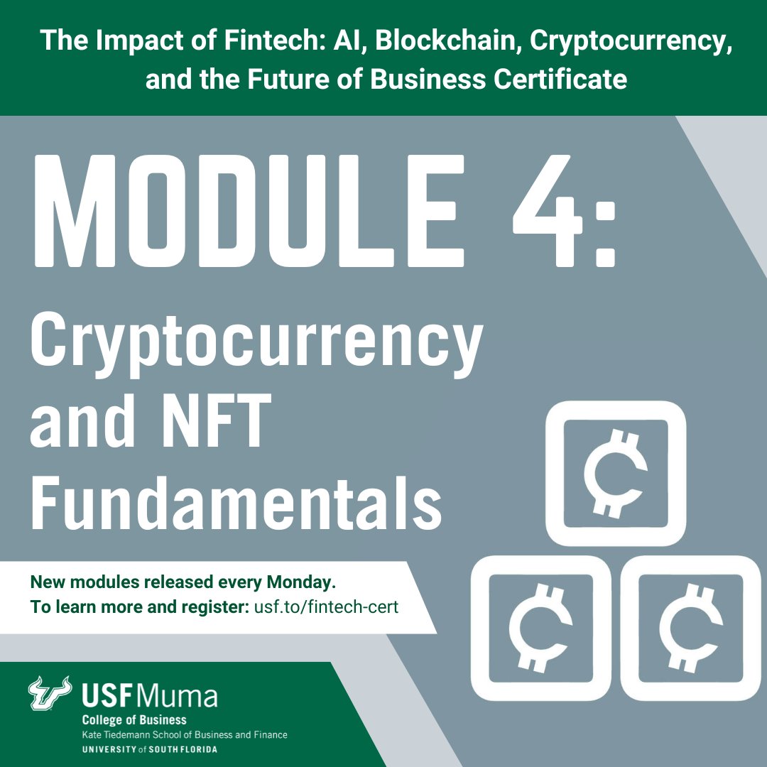 Fintech Certificate Module 4 is now live! In this session, explore ways that these non-traditional financial systems have been adopted and applied in varied industries. This certificate is open to the public and free for a limited time. Register usf.to/fintech-cert.