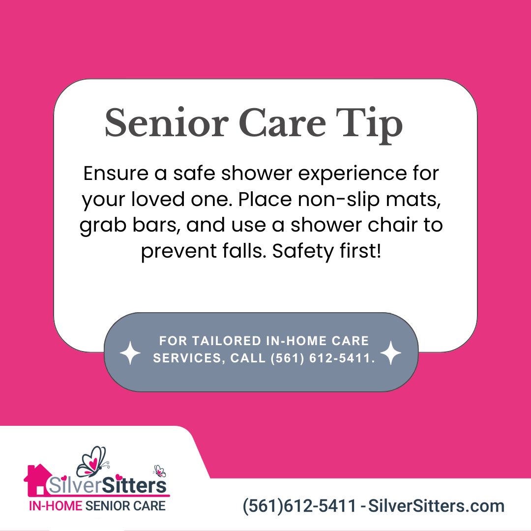 Prioritize safety in the shower for your loved ones. Non-slip mats, grab bars, and a shower chair ensure a secure experience. 🚿💙 Safety first! Call us at (561) 612-5411 for personalized support.

#SeniorSafety #PreventFalls #SilverSitters #ExpertCaregivers #SeniorCare