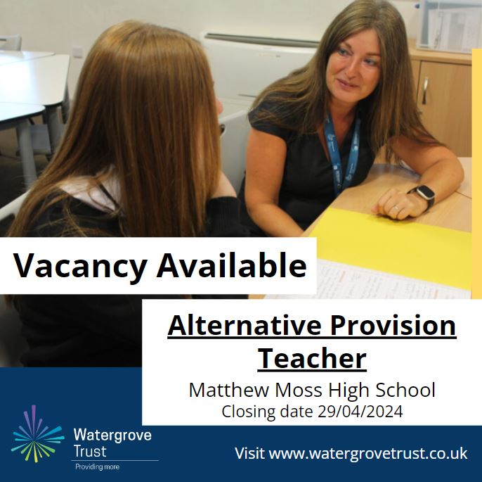 Matthew Moss High School seeks to appoint a suitably qualified, strong and inspirational Alternative Provision Teacher of STEM to join our Connections team ❗ Apply here: bit.ly/3QhGSgT #providingmore #watergrovetrust #getrochdaleworking #vacancies #CHANGE