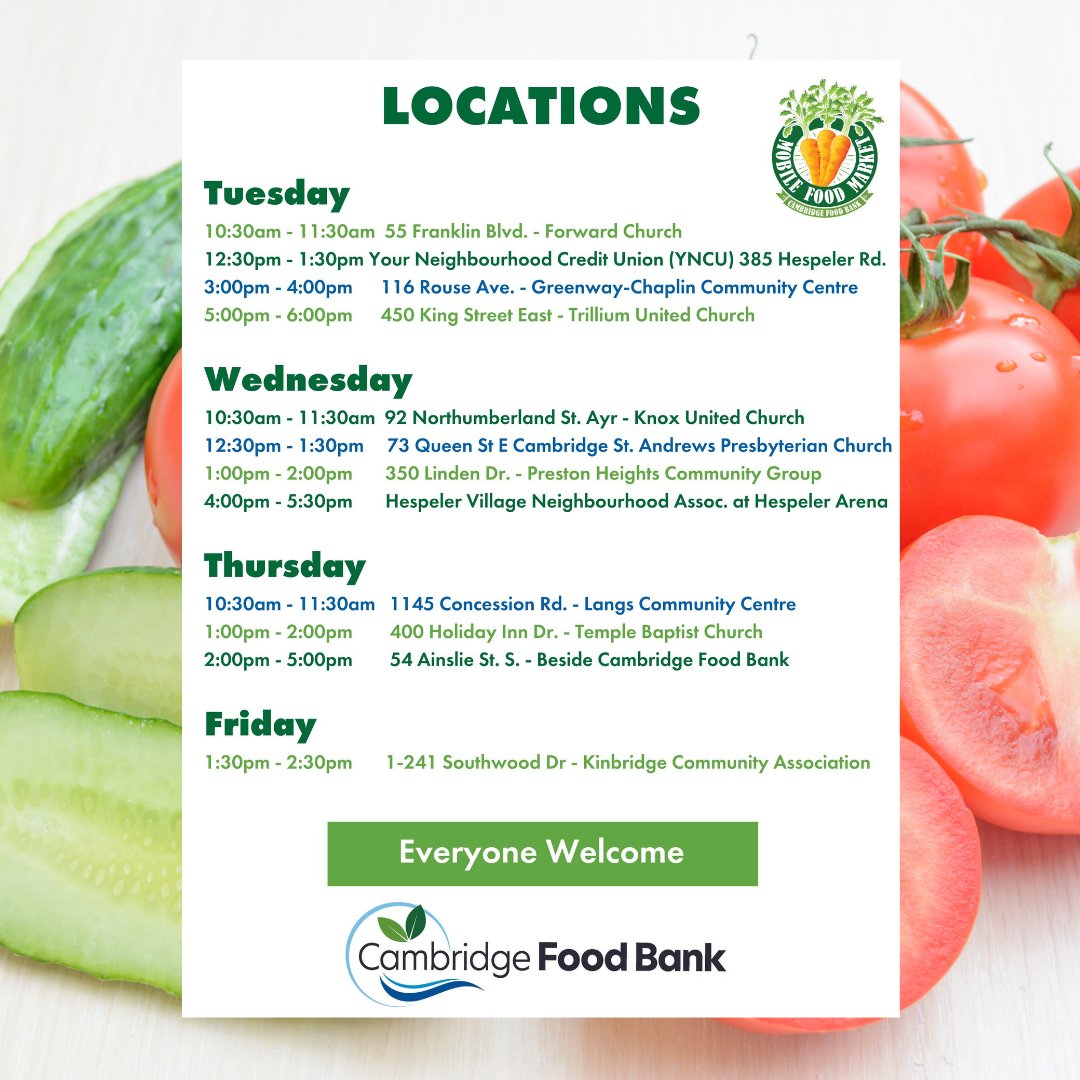 This Week's Mobile Food Market's Super Healthy and Tasty Treats! Hours and Locations: cambridgefoodbank.org/mobile-food-ma… #FeedingCommunity #cambfoodbank #CambridgeOntario #Cbridge #MobileFoodMarket #galtcambridge #downtowngalt #galtcambridge #hespeler #galtontario #galt #preston